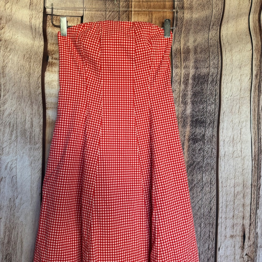 Abercrombie & Fitch Strapless Dress Gingham Midi Cottagecore Picnic Red White XS - Picture 3 of 7